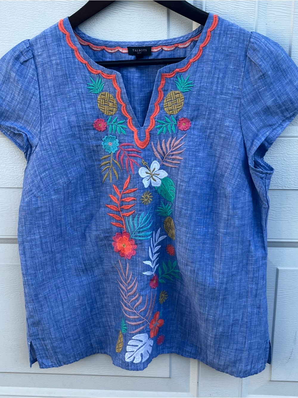Talbots Blue Embroidered Linen-Blend Short Sleeve blue Tunic S/P